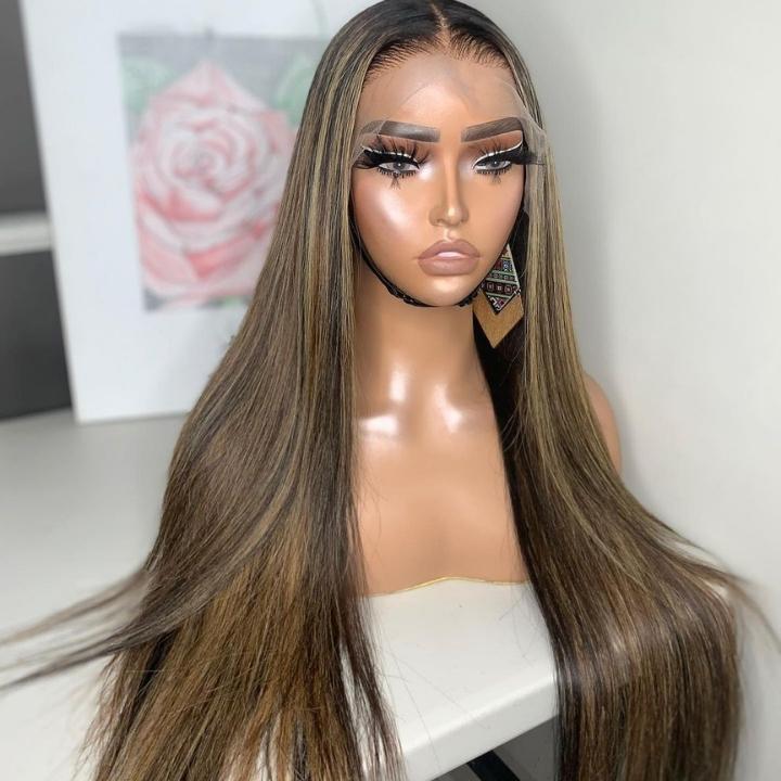 Glueless Highlight Blonde Straight/Body Wave Transparent 5x5 Lace Part Wig Brown Highlights Human Hair Wave Wigs-Daisy Hair