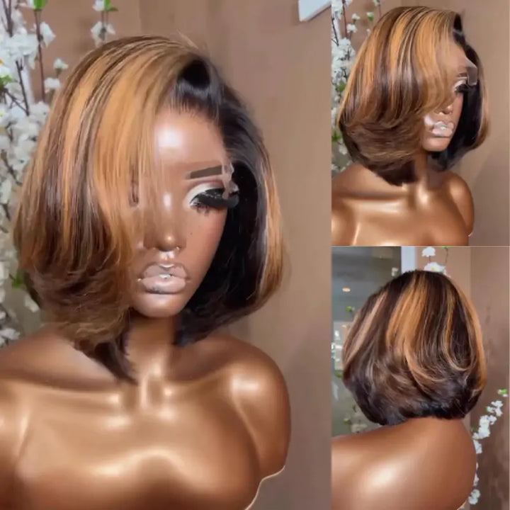 Flash Sale Brown Highlight Glueless Wigs Natural Wavy Side Part Pre Cut Lace Wigs Short Bob Wig 13x4 Lace Front Wig Daisy Hair