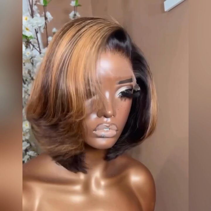 Flash Sale Brown Highlight Glueless Wigs Natural Wavy Side Part Pre Cut Lace Wigs Short Bob Wig 13x4 Lace Front Wig Daisy Hair
