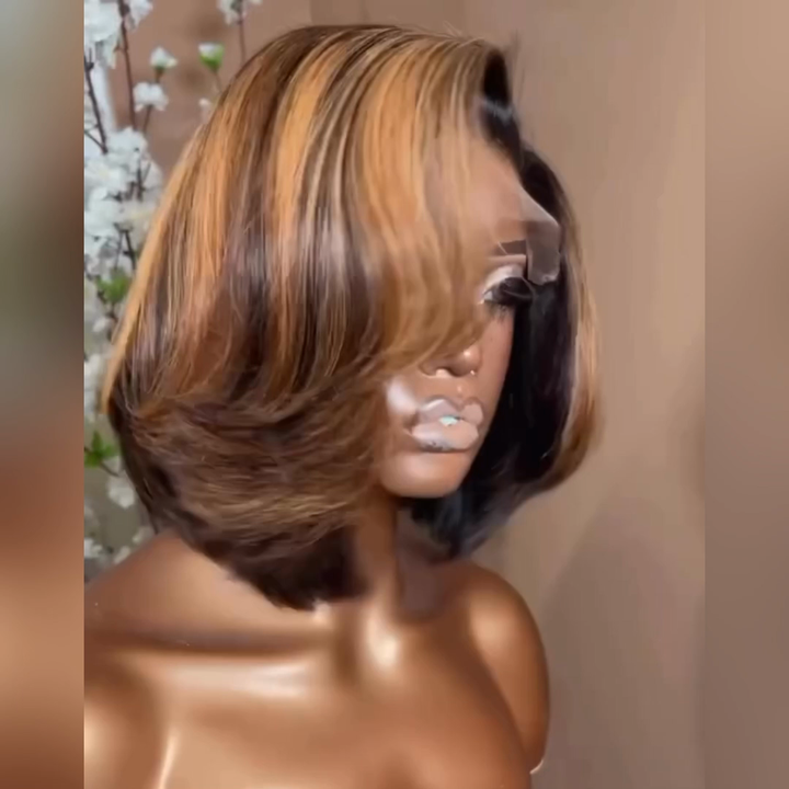 Flash Sale Brown Highlight Glueless Wigs Natural Wavy Side Part Pre Cut Lace Wigs Short Bob Wig 13x4 Lace Front Wig Daisy Hair