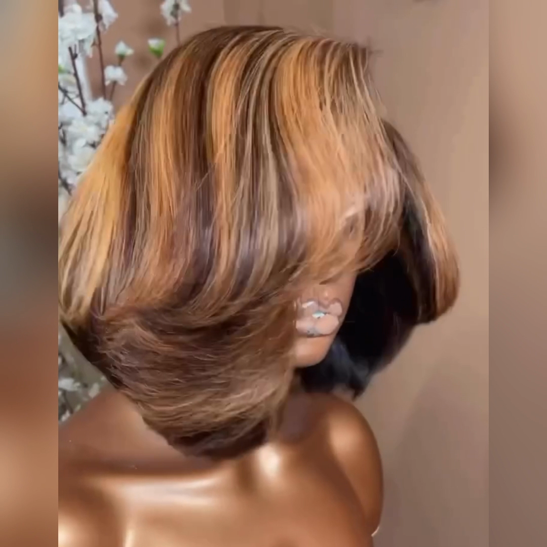 Flash Sale Brown Highlight Glueless Wigs Natural Wavy Side Part Pre Cut Lace Wigs Short Bob Wig 13x4 Lace Front Wig Daisy Hair