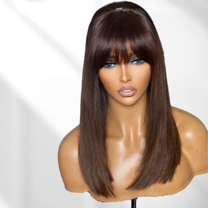 Put On&Go Brown Straight Glueless 5x5 HD Lace Wig With bangs Easy to Wear Lace Human Hair Wigs- Daisy Hair