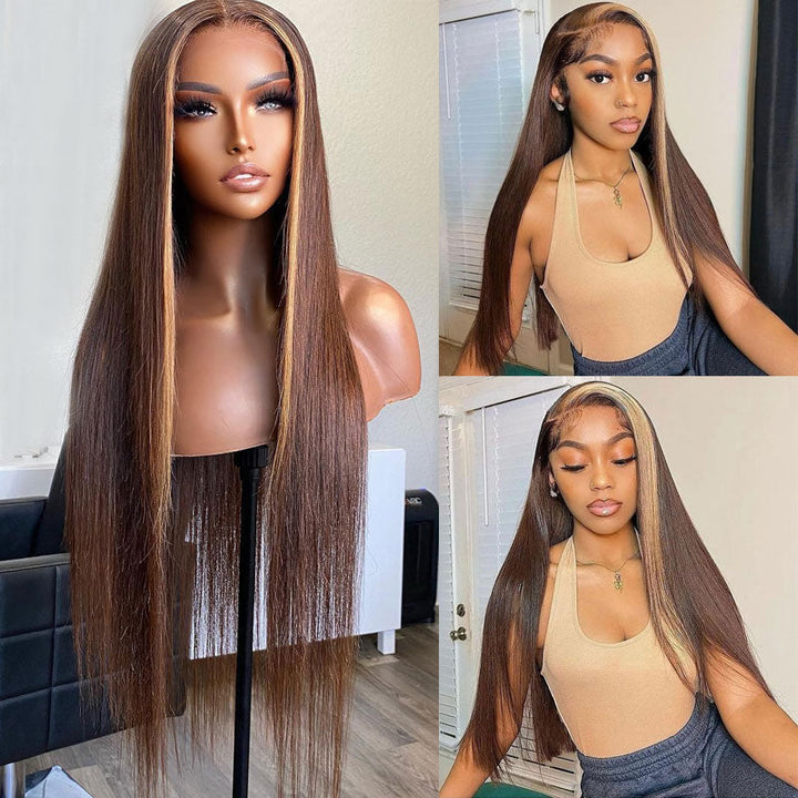 Straight Hair Skunk Stripe Wig 13x4 HD Lace Brown Hair With Honey Blonde Streaks Highlight Wigs Brazilian Human Hair Lace Front Wigs- Daisy Hair