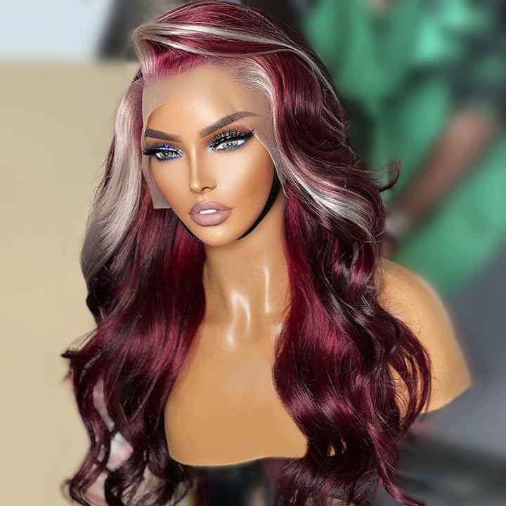 13x4/4x4 Burgundy Hair HD Lace Wig With Blonde Highlights Skunk Stripe Body Wave Human Hair Lace Front Wigs Daisy Hair