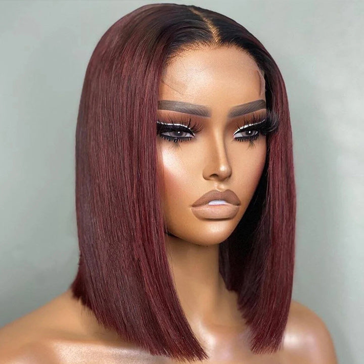 Straight Burgundy Glueless HD Lace Front Bob Wig with Black Roots 99j Colored Short Human Hair Bob Wigs Daisy Hair