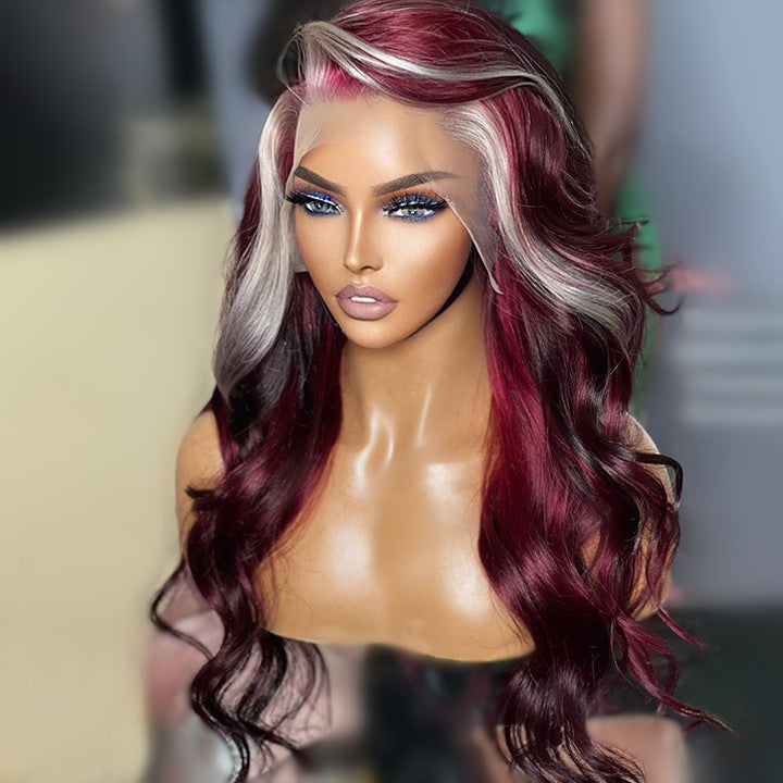 13x4/4x4 Burgundy Hair HD Lace Wig With Blonde Highlights Skunk Stripe Body Wave Human Hair Lace Front Wigs Daisy Hair