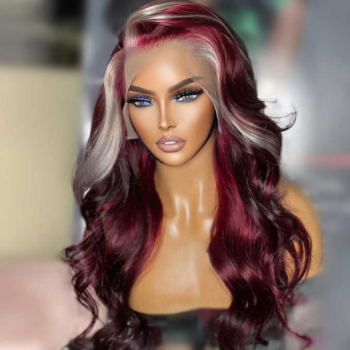 13x4/4x4 Burgundy Hair HD Lace Wig With Blonde Highlights Skunk Stripe Body Wave Human Hair Lace Front Wigs Daisy Hair