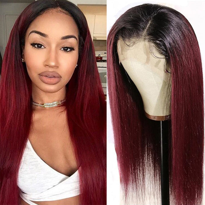 Burgundy Straight Glueless HD Lace Front Wig with Black Roots 99j Colored Long Human Hair Wigs Daisy Hair