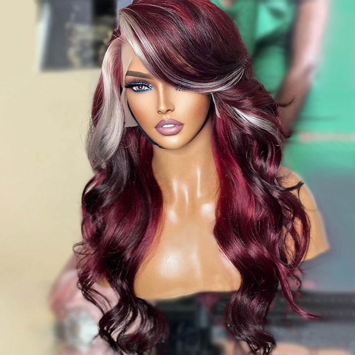 13x4/4x4 Burgundy Hair HD Lace Wig With Blonde Highlights Skunk Stripe Body Wave Human Hair Lace Front Wigs Daisy Hair