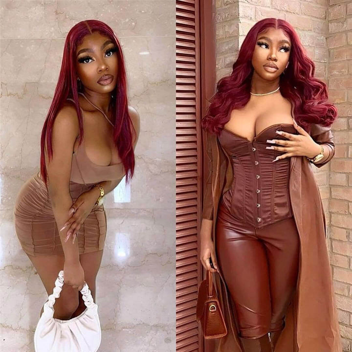 Long Straight Hair 99j Burgundy T Part Lace Front Wig Glueless Pre Plucked With Baby Hair 100% Virgin Human Hair Wig- Daisy Hair
