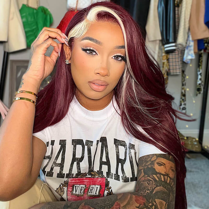 13x4 Lace Frontal Skunk Stripe Wig #613/99J Burgundy Color Highlight Body Wave/Straight Hair Lace Front Wigs- Daisy Hair