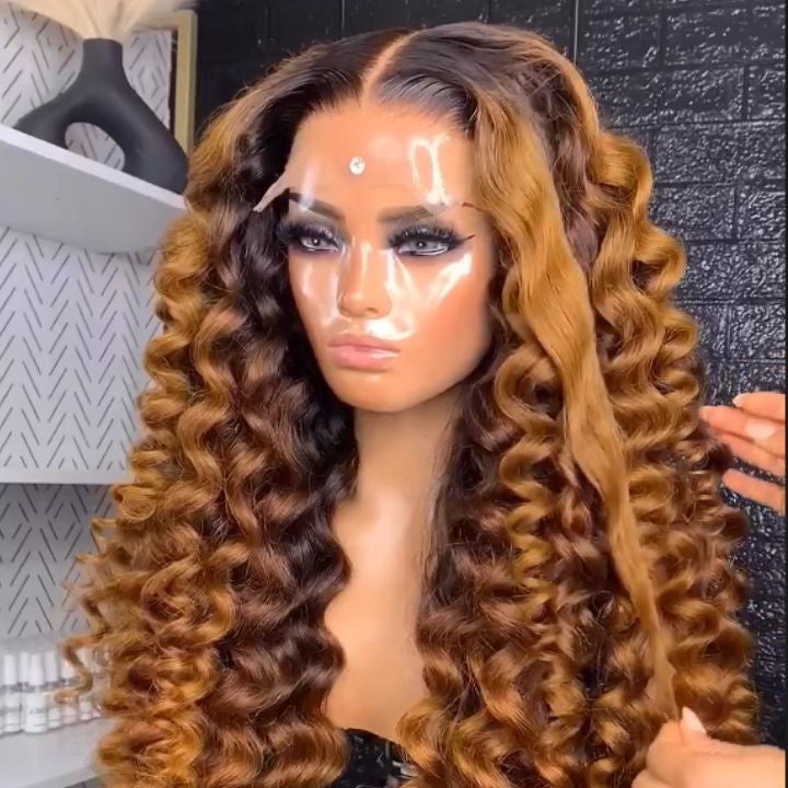 Caramel Brown Water Wave/Wand Curly Lace Front Wig With Dark Root Ombre Color HD Lace Human Hair Wigs for Women-Daisy Hair