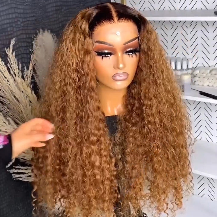 Caramel Brown Water Wave/Wand Curly Lace Front Wig With Dark Root Ombre Color HD Lace Human Hair Wigs for Women-Daisy Hair