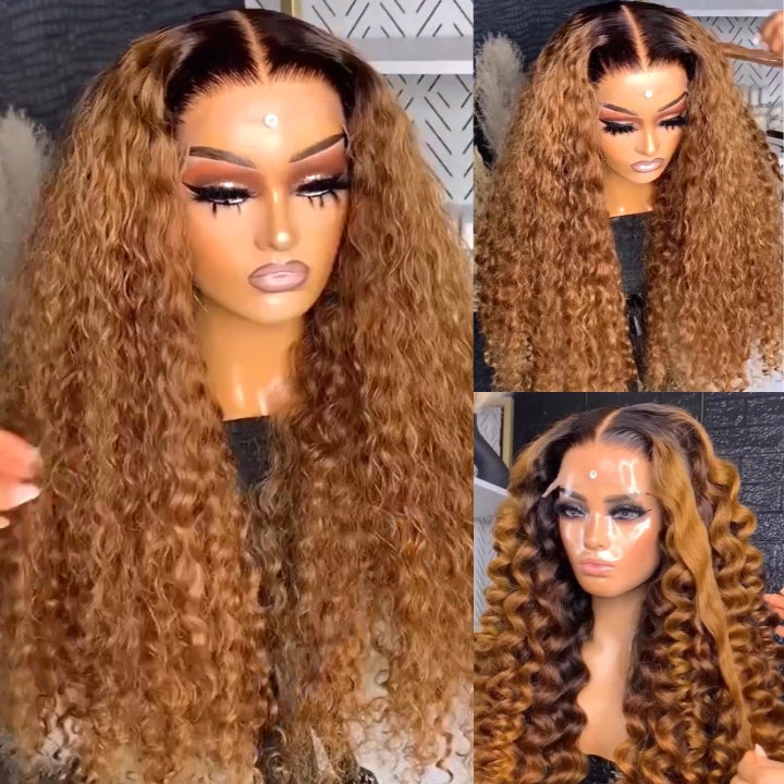 Caramel Brown Water Wave/Wand Curly Lace Front Wig With Dark Root Ombre Color HD Lace Human Hair Wigs for Women-Daisy Hair