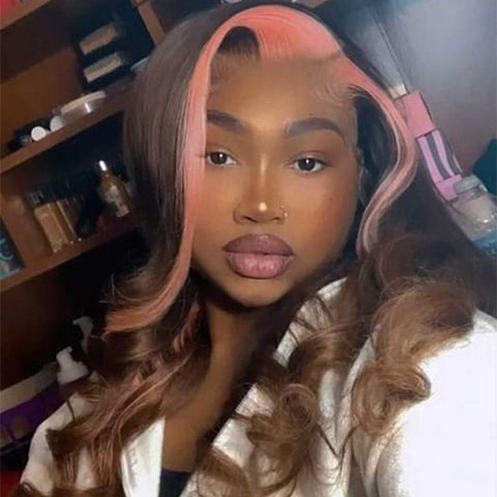 Skunk Stripe 13x4 Lace Front Wig #4 Chocolate Color With Pink Streaks Straight Hair HD Lace Wig 100% Human Hair With Free Part Lace Frontal- Daisy Hair