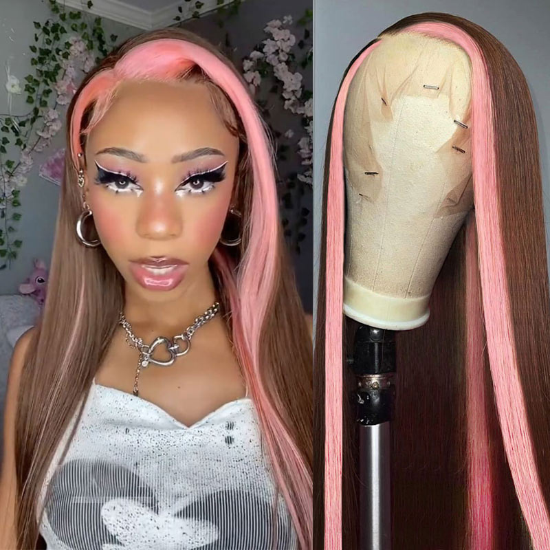 Skunk Stripe 13x4 Lace Front Wig #4 Chocolate Color With Pink Streaks Straight Hair HD Lace Wig 100% Human Hair With Free Part Lace Frontal- Daisy Hair