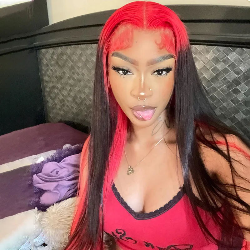 Sparkle Red Roots Long Straight Front Lace Wigs Colored Bone Straight Human Hair Wigs Daisy Hair