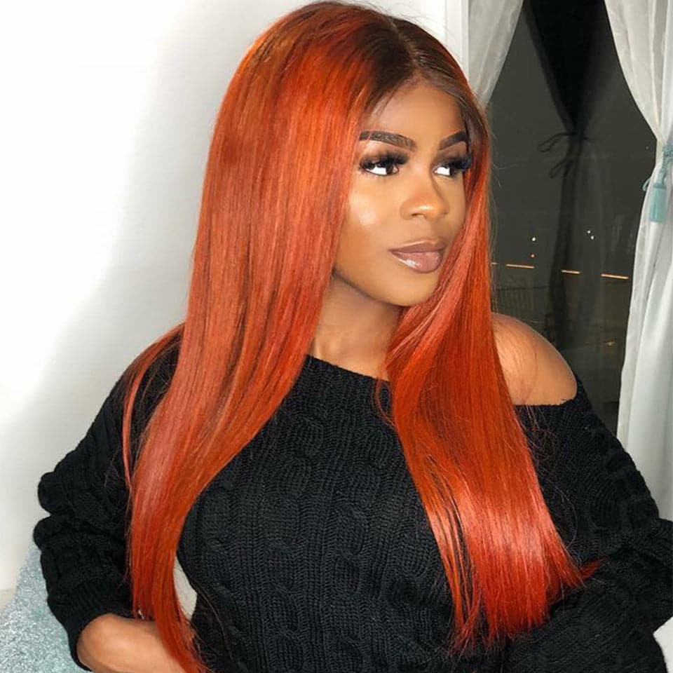 Ginger Color With Dark Roots Straight Lace Front Wig Colored Pre Plucked with Baby Hair Wigs Daisy Hair