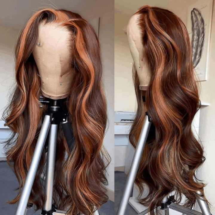 Dark Brown Highlight Body Wave HD Transparent Lace Front Wig Copper Color Face Frame Highlights Human Hair Wigs Daisy Hair