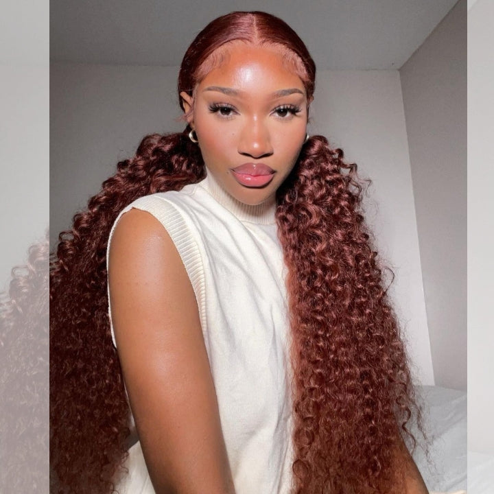 Reddish Brown Jerry Curly 13x4 HD Lace Front Wig Auburn Transparent Lace Human Hair Wigs Daisy Hair