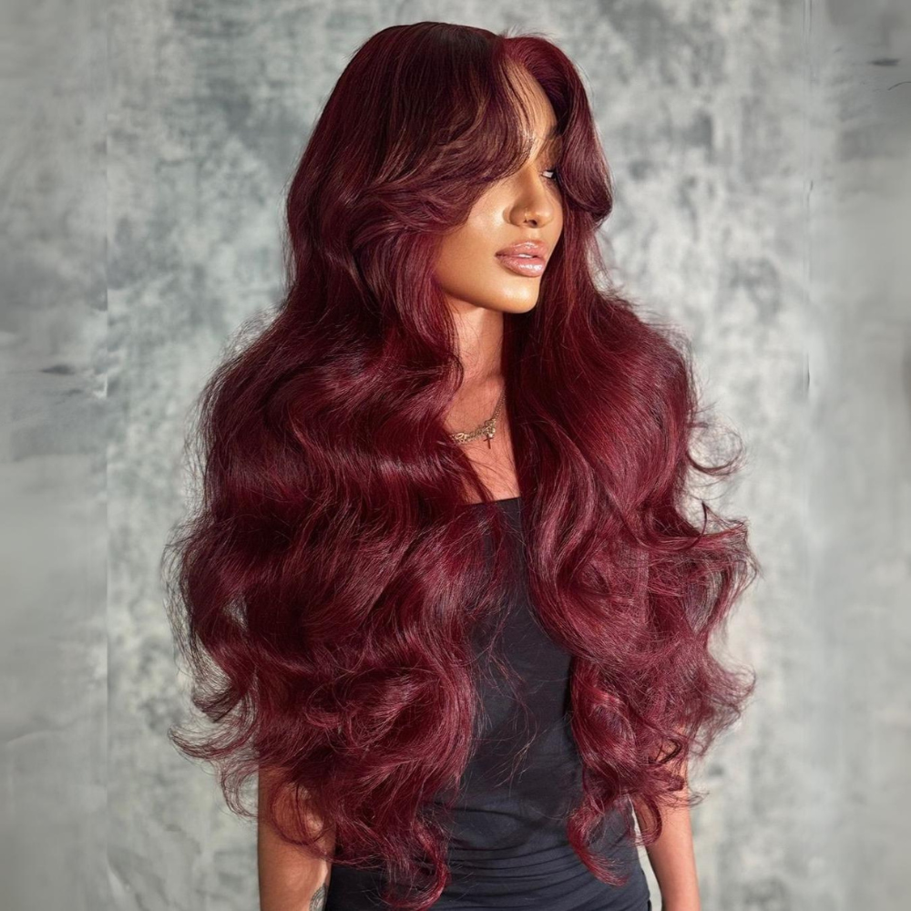 Curtain Bangs Burgundy Colored Glueless Human Hair Wigs Body Wave 13x4 Transparent Lace Front Wig Daisy Hair