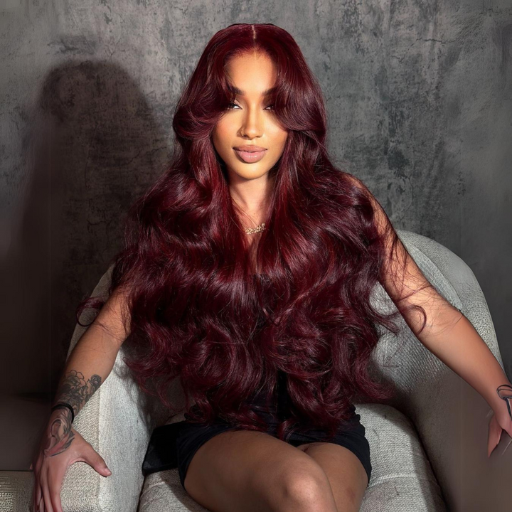 Curtain Bangs Burgundy Colored Glueless Human Hair Wigs Body Wave 13x4 Transparent Lace Front Wig Daisy Hair