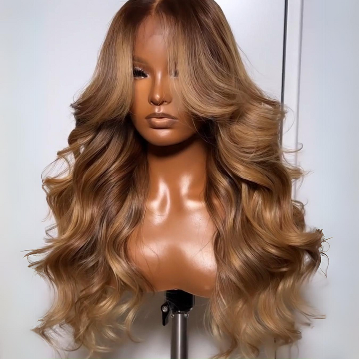 Dark Brown Curtain Bangs 13x4 Lace Front Wig Brown with Blonde Highlights Lace Front Human Hair Wigs Daisy Hair