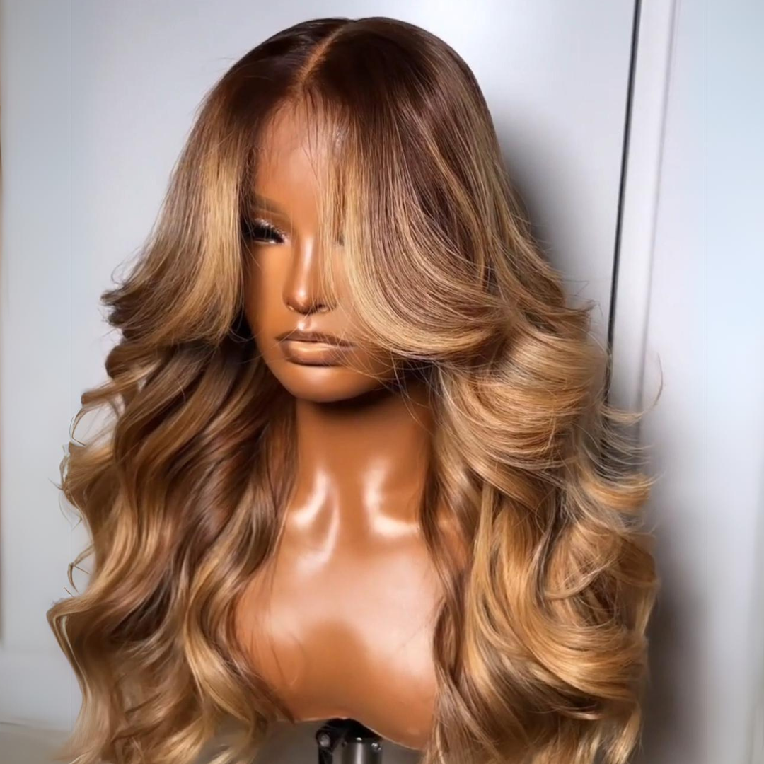 Dark Brown Curtain Bangs 13x4 Lace Front Wig Brown with Blonde Highlights Lace Front Human Hair Wigs Daisy Hair