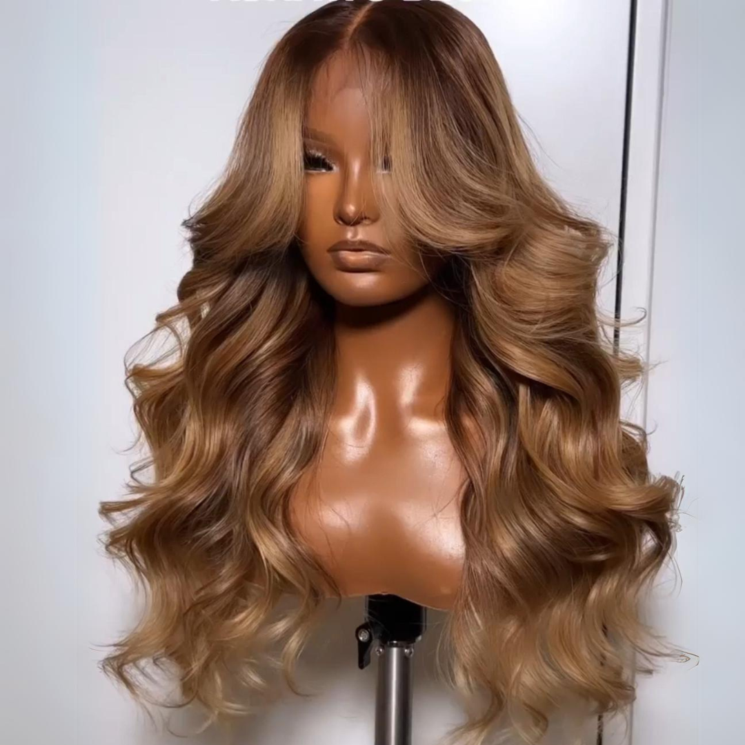 Dark Brown Curtain Bangs 13x4 Lace Front Wig Brown with Blonde Highlights Lace Front Human Hair Wigs Daisy Hair