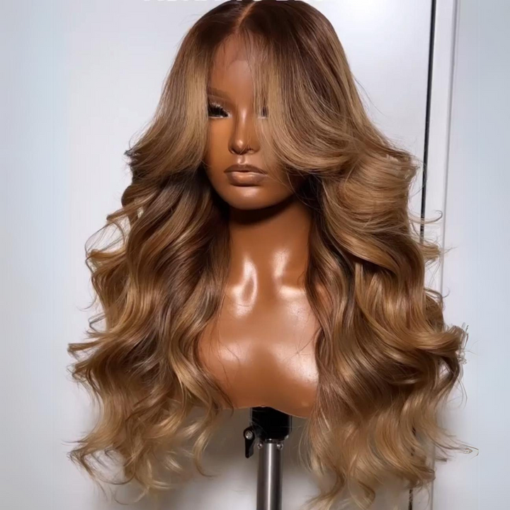 Dark Brown Curtain Bangs 13x4 Lace Front Wig Brown with Blonde Highlights Lace Front Human Hair Wigs Daisy Hair