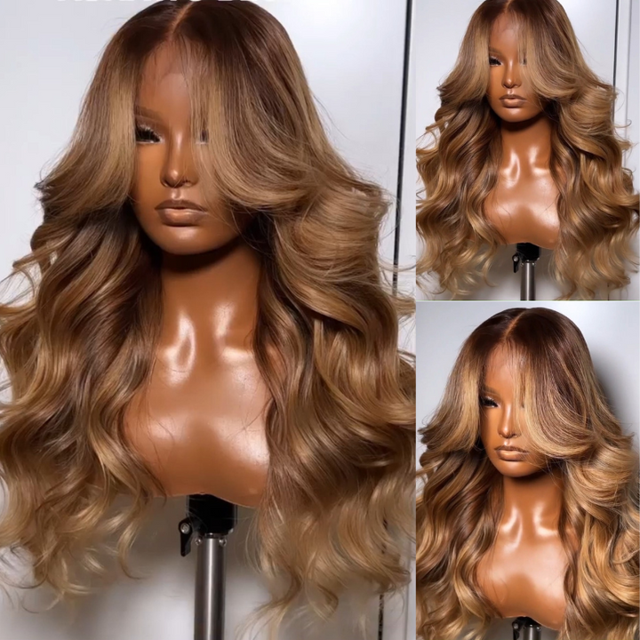 Dark Brown Curtain Bangs 13x4 Lace Front Wig Brown with Blonde Highlights Lace Front Human Hair Wigs Daisy Hair