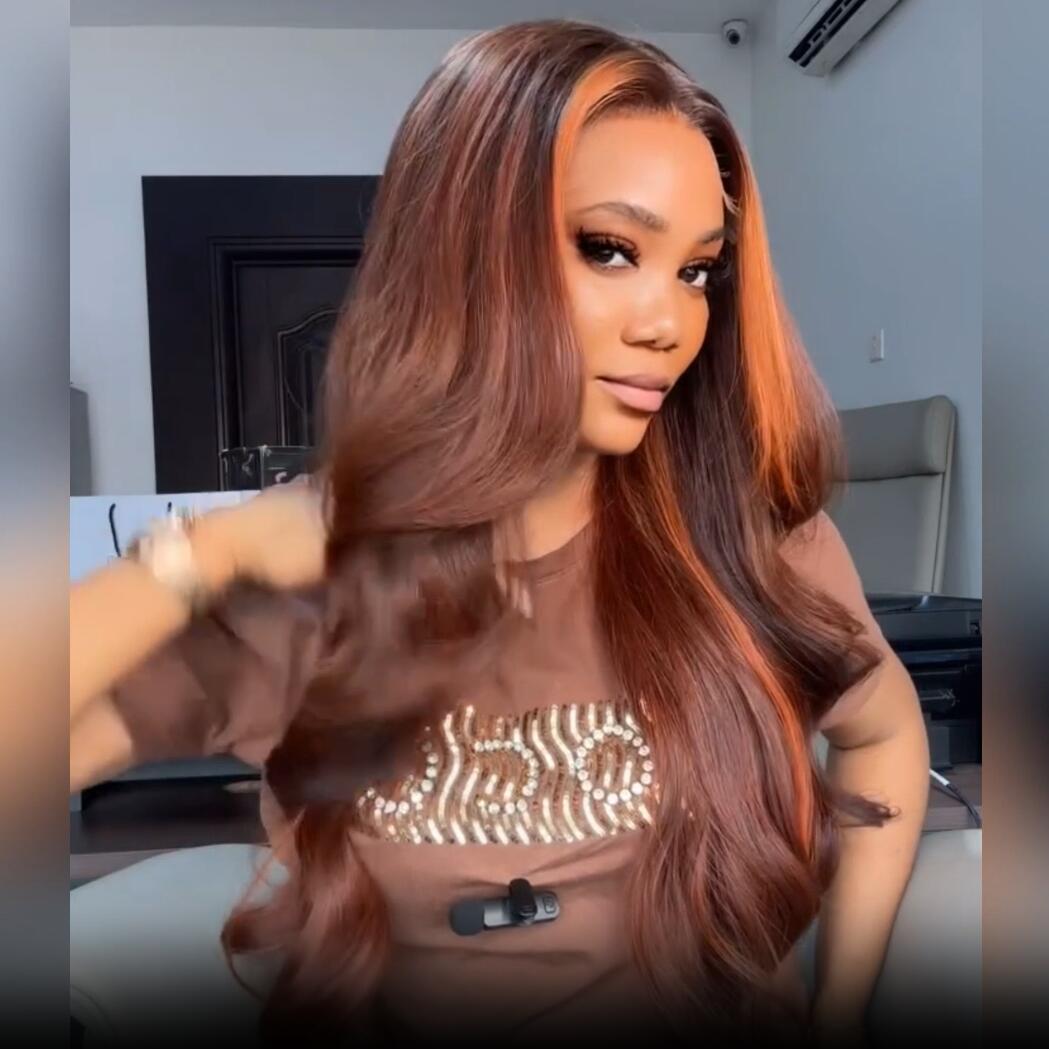 Dark Brown Highlight Body Wave HD Transparent Lace Front Wig Copper Color Face Frame Highlights Human Hair Wigs Daisy Hair