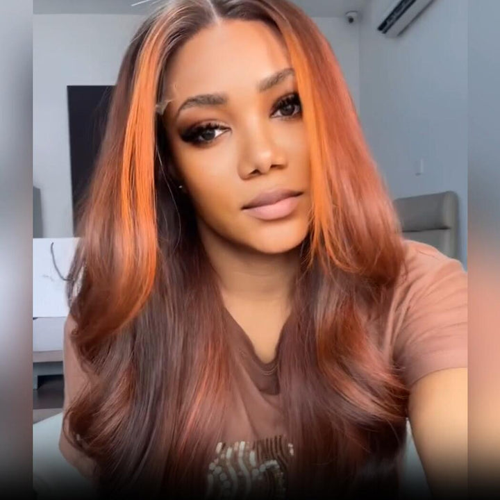 Dark Brown Highlight Body Wave HD Transparent Lace Front Wig Copper Color Face Frame Highlights Human Hair Wigs Daisy Hair