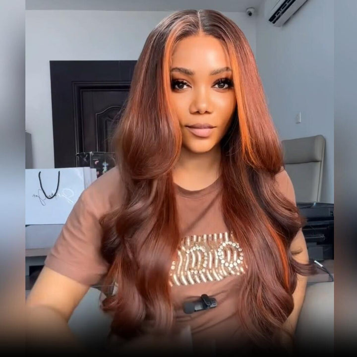 Dark Brown Highlight Body Wave HD Transparent Lace Front Wig Copper Color Face Frame Highlights Human Hair Wigs Daisy Hair