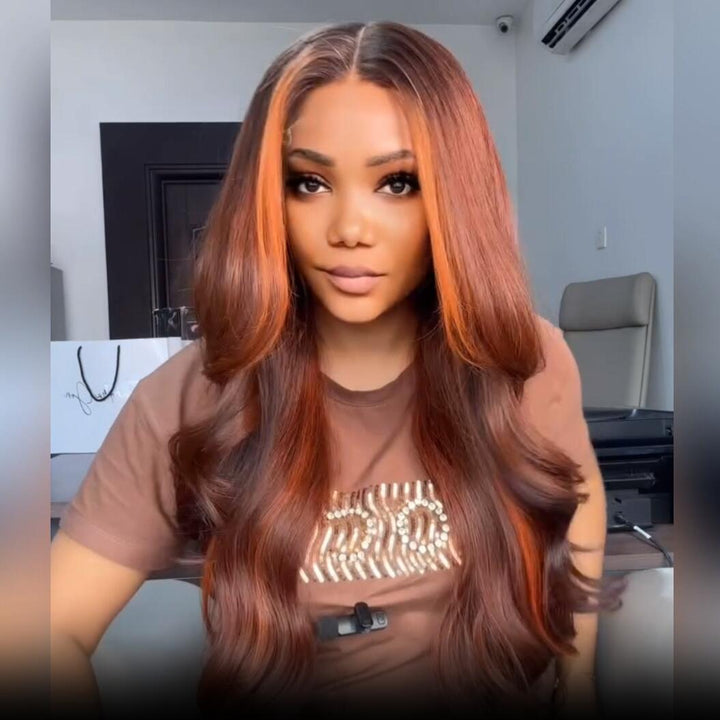 Dark Brown Highlight Body Wave HD Transparent Lace Front Wig Copper Color Face Frame Highlights Human Hair Wigs Daisy Hair