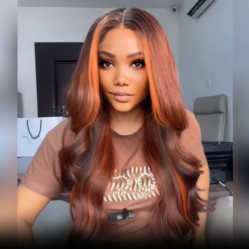 Dark Brown Highlight Body Wave HD Transparent Lace Front Wig Copper Color Face Frame Highlights Human Hair Wigs Daisy Hair