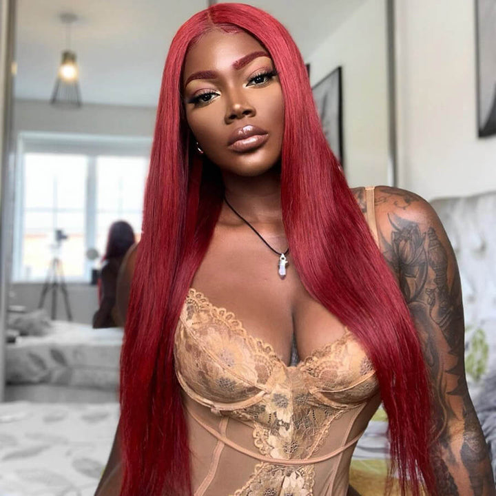 Long Straight Hair 99j Burgundy T Part Lace Front Wig Glueless Pre Plucked With Baby Hair 100% Virgin Human Hair Wig- Daisy Hair