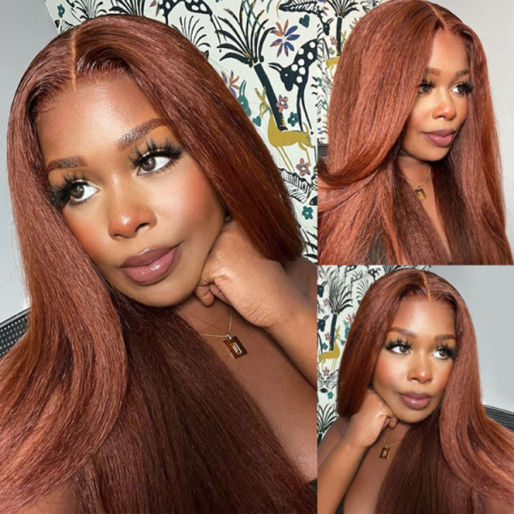 Reddish Brown 13x4/4x4 HD Transparent Lace Wig Kinky Straight Auburn Glueless Human Hair Wigs Daisy Hair