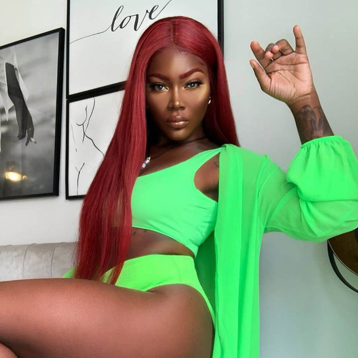 Long Straight Hair 99j Burgundy T Part Lace Front Wig Glueless Pre Plucked With Baby Hair 100% Virgin Human Hair Wig- Daisy Hair