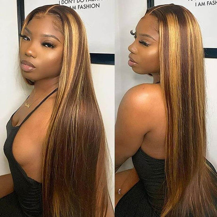 Long Straight Hair Honey Blonde Highlights T Part  Lace Front Wig Pre Plucked With Baby Hair 100% Virgin Humam Hair Wig- Daisy Hair