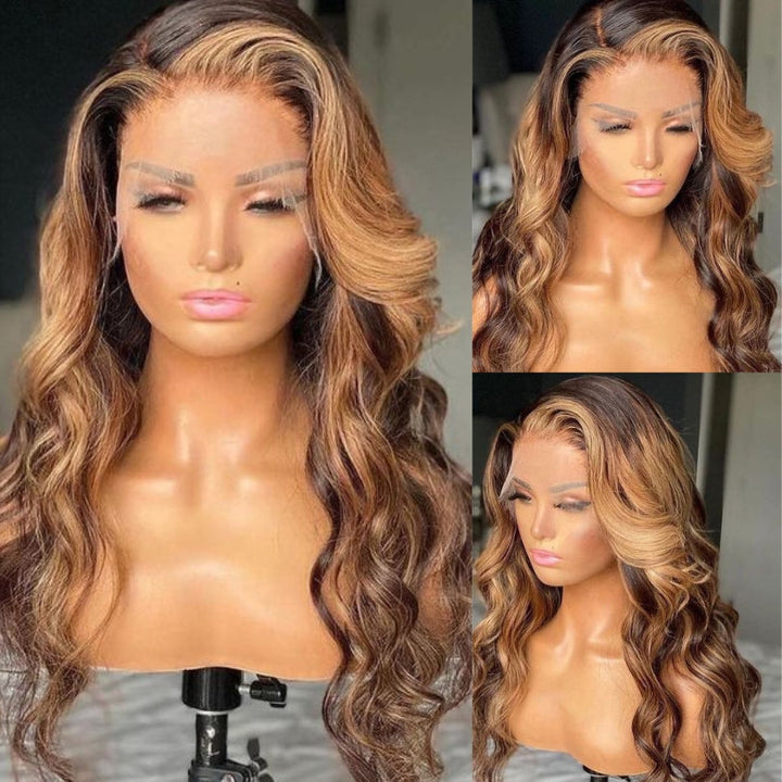 HD Lace Honey Blonde Highlight Body Wave Wig Undetectable Clear Lace Human Hair With Baby Hair Daisy Hair