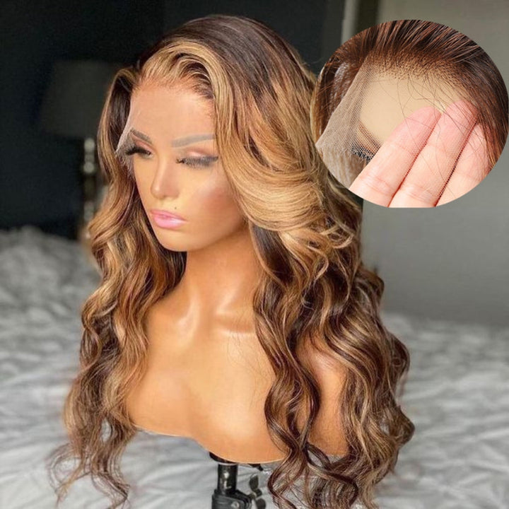 HD Lace Honey Blonde Highlight Body Wave Wig Undetectable Clear Lace Human Hair With Baby Hair Daisy Hair