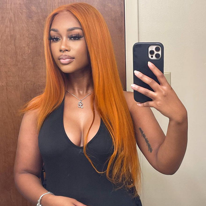 Funky Colored Wigs | Ginger Straight Hair 13x4 HD Lace Front Wig Pre Plucked Hairline Human Hair Wigs 	Daisy Hair