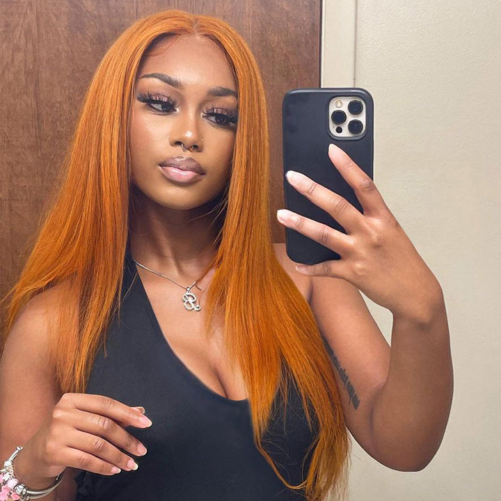 Funky Colored Wigs | Ginger Straight Hair 13x4 HD Lace Front Wig Pre Plucked Hairline Human Hair Wigs 	Daisy Hair