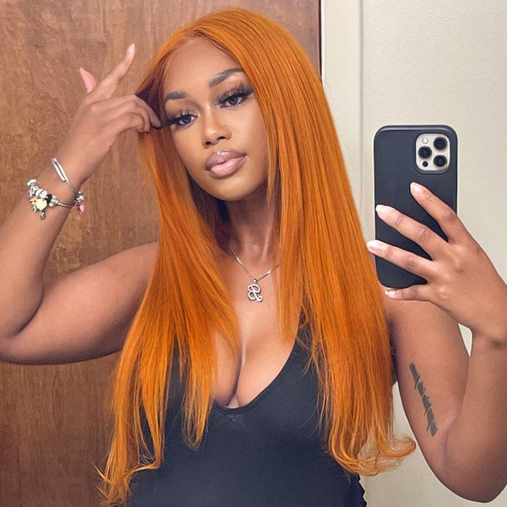 Funky Colored Wigs | Ginger Straight Hair 13x4 HD Lace Front Wig Pre Plucked Hairline Human Hair Wigs 	Daisy Hair