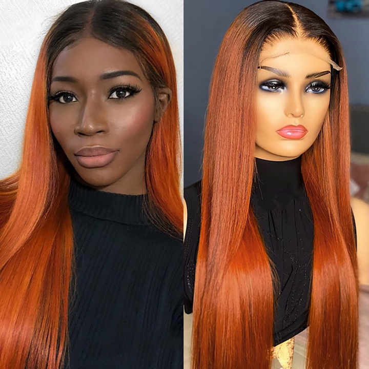 Ginger Color With Dark Roots Straight Lace Front Wig Colored Pre Plucked with Baby Hair Wigs Daisy Hair