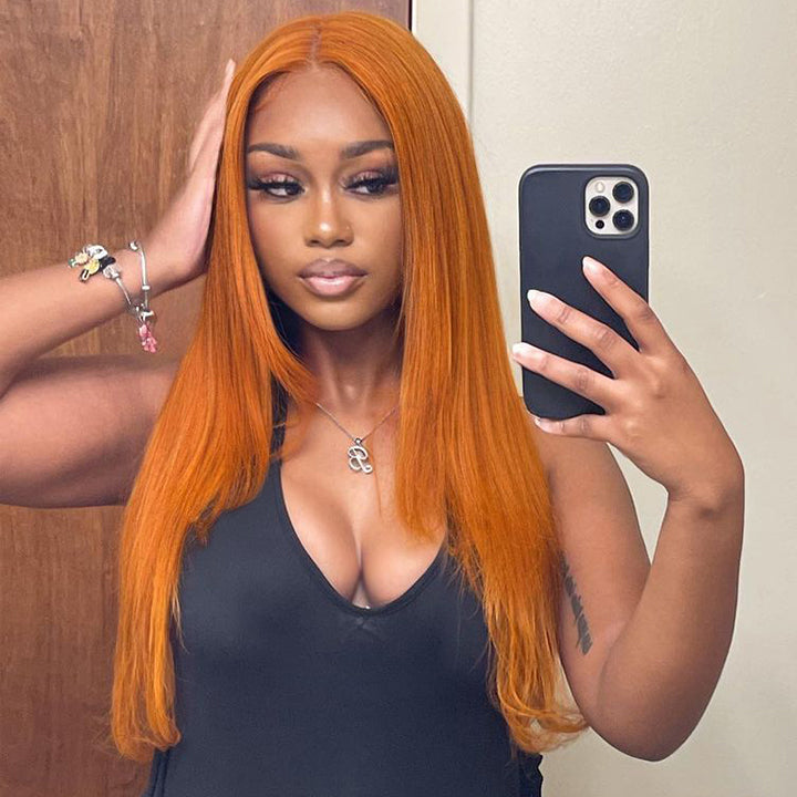 Funky Colored Wigs | Ginger Straight Hair 13x4 HD Lace Front Wig Pre Plucked Hairline Human Hair Wigs 	Daisy Hair