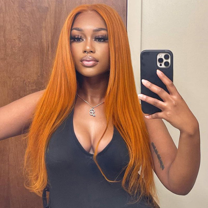 Funky Colored Wigs | Ginger Straight Hair 13x4 HD Lace Front Wig Pre Plucked Hairline Human Hair Wigs 	Daisy Hair