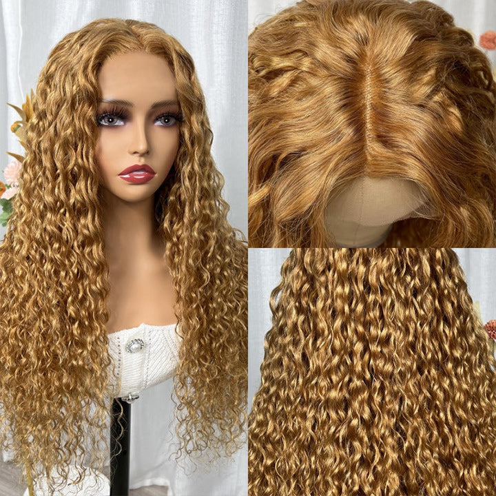 Honey Blonde Water Wave 13x4/4x4 HD Lace Frontal Wig Golden Brown Transparent Lace Human Hair Wigs Daisy Hair