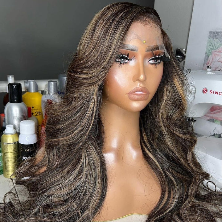Glueless Highlight Blonde Straight/Body Wave Transparent 5x5 Lace Part Wig Brown Highlights Human Hair Wave Wigs-Daisy Hair